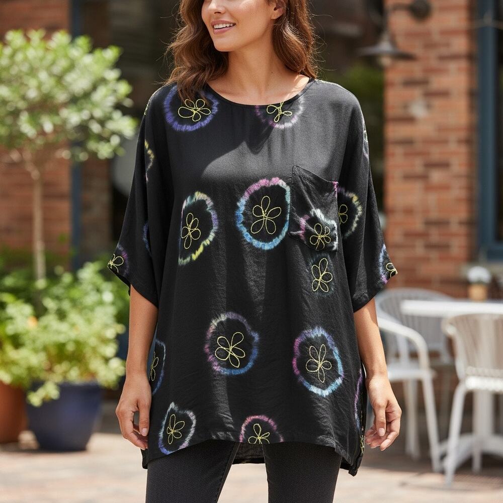 Connections Top Black Tie Dye Boho Hippie Gold Embroidery Floral SZ 20 Gauze